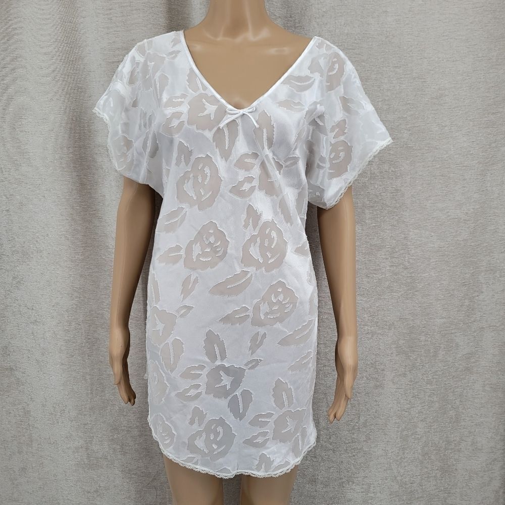 Intimate Moods Vintage White Sheer Floral Burnout Design Lace Trim Women's Large